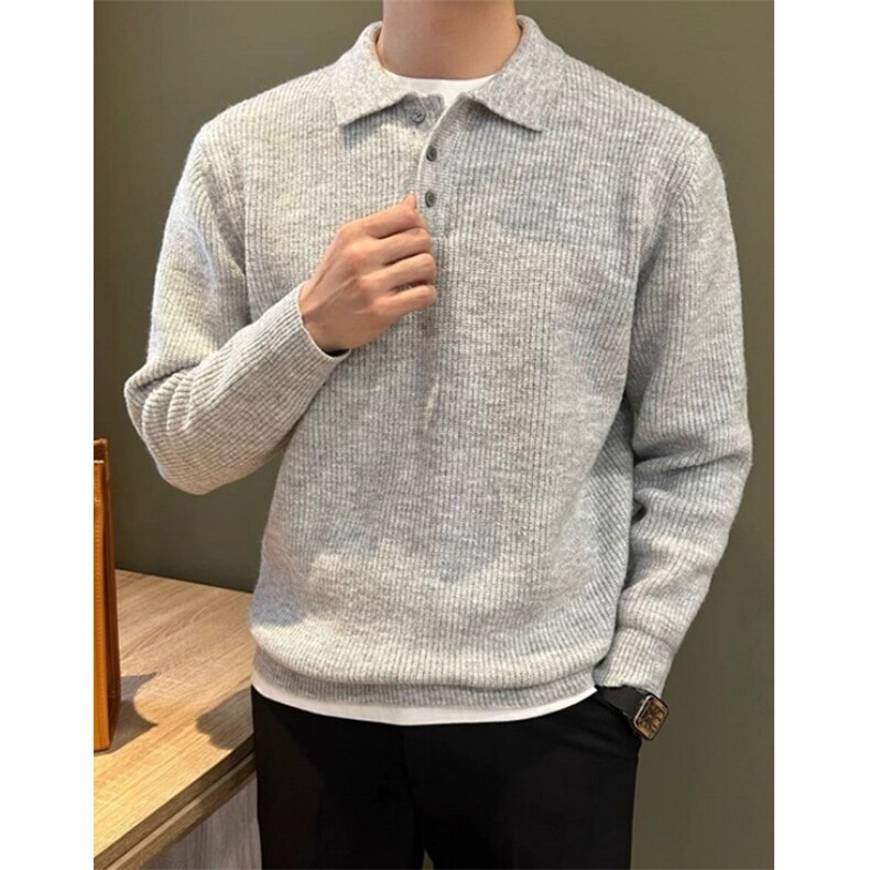 休闲轻奢风纽扣翻领男士Polo衫简约纯色细条磨毛针织毛衣M296,男装针织衫/毛衣,星座1116A（原606A-3）