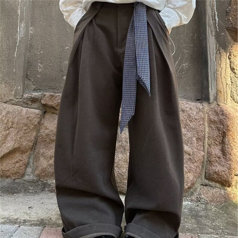 美式复古垂感免烫休闲西裤男宽松褶皱拖地裤高级感毛呢高腰阔腿裤图片