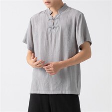21夏季大码风棉麻亚麻短袖盘扣衬衫唐装薄款冰丝潮F18/P50，男装T恤，钱塘713