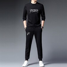 男士春秋季纯色刺绣套装上衣休闲圆领卫衣休闲裤中年长袖俩件装，男装休闲套装，电商B212（原钱塘6029）