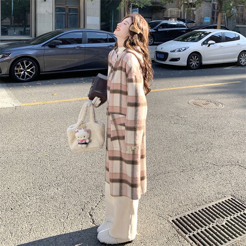 韩版时尚连帽双面羊绒大衣女2025秋冬季新款宽松显瘦长款呢子外套,女装毛呢外套,2C269
