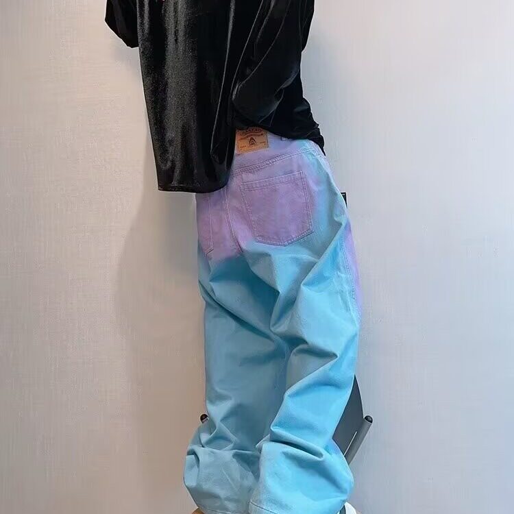 水蓝色喷漆做旧彩虹撞色直筒裤休闲裤男潮牌炸街牛仔破洞NZ33/P55,男装休闲裤,星座506