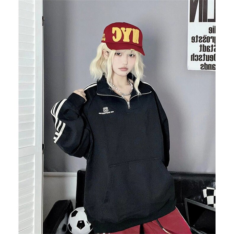 抖音得物美式全棉三条杠立领卫衣半拉链外套印花卫衣A2902,女装短外套,电商A443