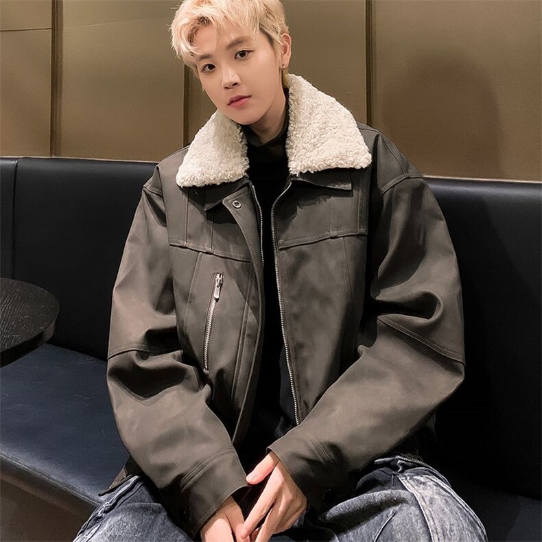 冬季复古毛领夹棉外套男加厚保暖美拉德皮衣机车服棉衣Y162/P105，男装皮衣，星座506