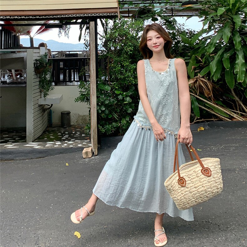 绝美漂亮无袖拼接背心连衣裙女夏2025新款湖绿色流行爆款少女长裙,女装连衣裙,韩蜜菓
