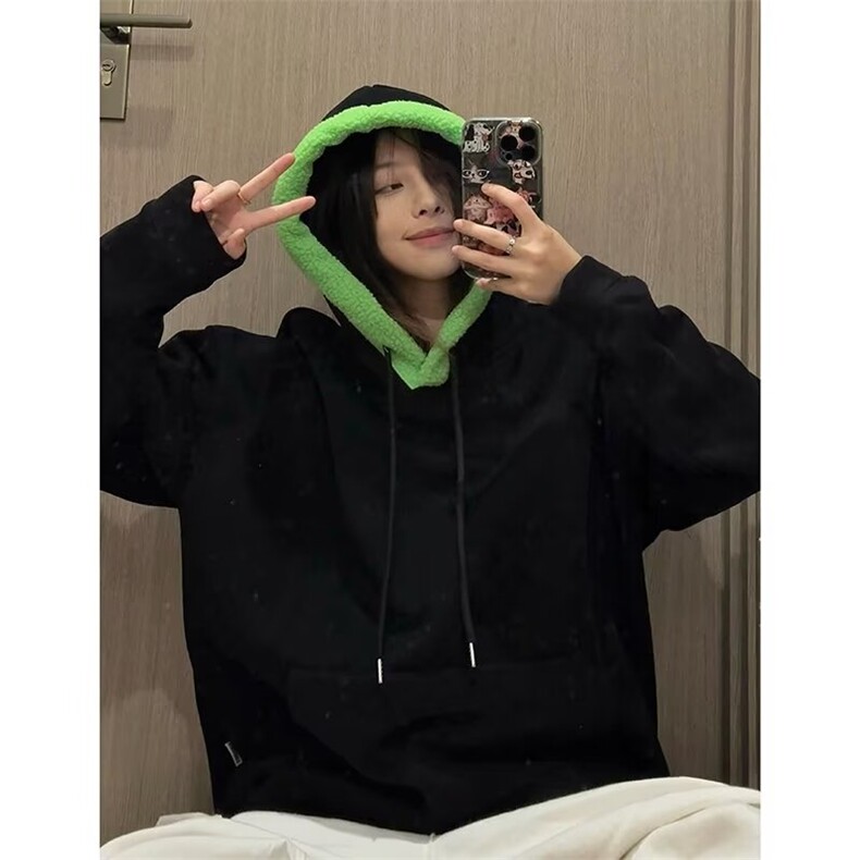美式重磅撞色连帽卫衣男秋冬oversize加绒加厚宽松卫衣EG117-P45,男装卫衣,星座1001-1