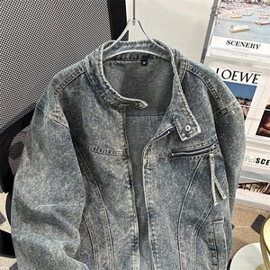 美式复古水洗蓝色立领牛仔夹克男款痞帅宽松拉链外套上衣潮NY068图片