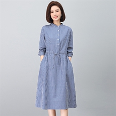 棉麻连衣裙素素原创女装条纹中年短袖2020夏季妈妈时尚洋气裙，女装连衣裙，江忆布依
