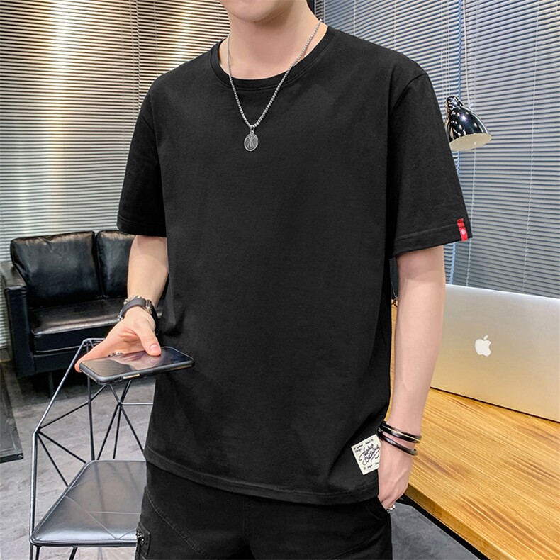 夏季港风大码宽松纯色短袖T恤男圆领纯棉中袖卫衣模灰T9550,男装T恤,星座1207