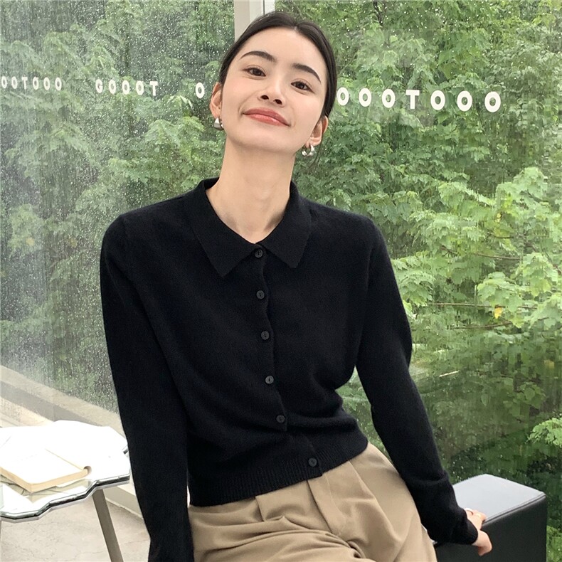 2025秋冬百搭时尚polo纽扣开衫长袖针织衫,女装羊绒衫,玛卡隆羊绒
