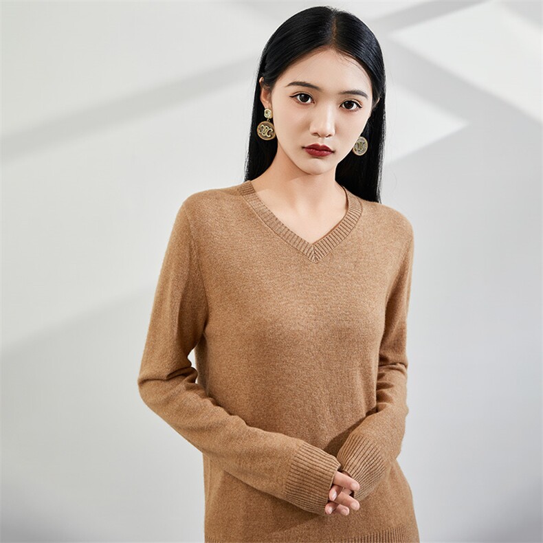 2024秋冬新款35%山羊绒女士净面V领羊绒衫,女装羊绒衫,润辉羊绒