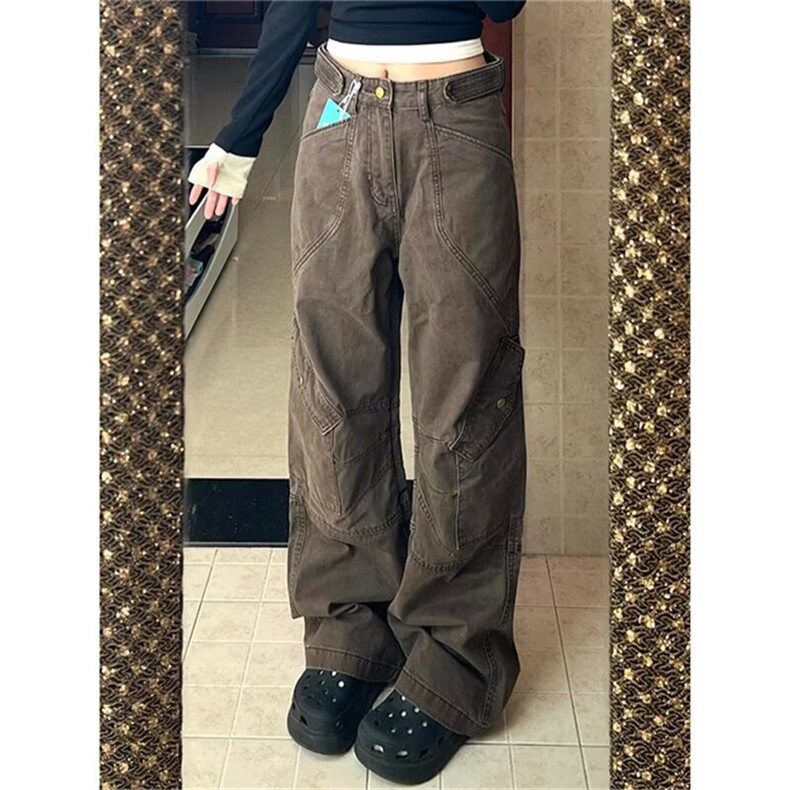 美式复古咖色多口袋工装牛仔裤女设计感宽松直筒显瘦阔腿长裤子潮,男装牛仔裤,星座302B