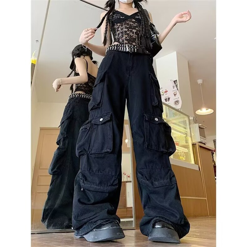 美式复古设计感多口袋工装牛仔裤男高街hiphop宽松休闲直筒阔腿裤,男装牛仔裤,星座506A