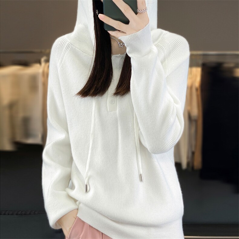 慵懒风安迪绒带帽毛衣女春秋打底衫宽松卫衣连帽针织衫内搭帽衫图片