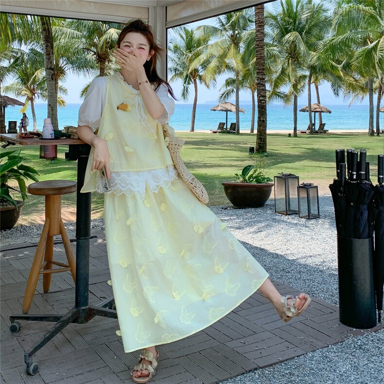 2025夏季韩系立体蝴蝶蕾丝马甲衬衫半身裙套装多巴胺氛围感三件套，女装套装/套裙，含赞