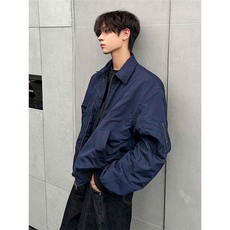 P15-P54 藏蓝色美式复古短款外套男cleanfit风高级感痞帅棒球服图片