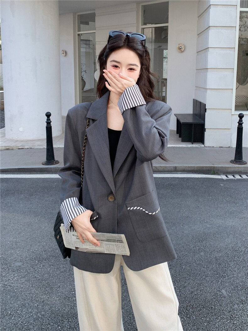 28081-7708-P145-K218春装新款灰色休闲百搭设计感西装外套,女装西装,韩蜜菓