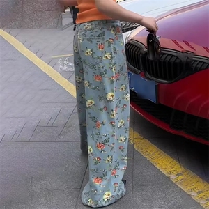 复古港风花朵印花阔腿牛仔裤女夏季新款高腰百搭碎花拖地裤长裤图片