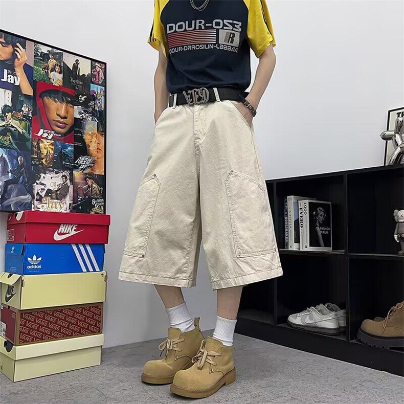 夏季铆钉七分工装裤男女情侣设计感阔腿裤过膝中裤1016P55，男装工装外套，星座410-2