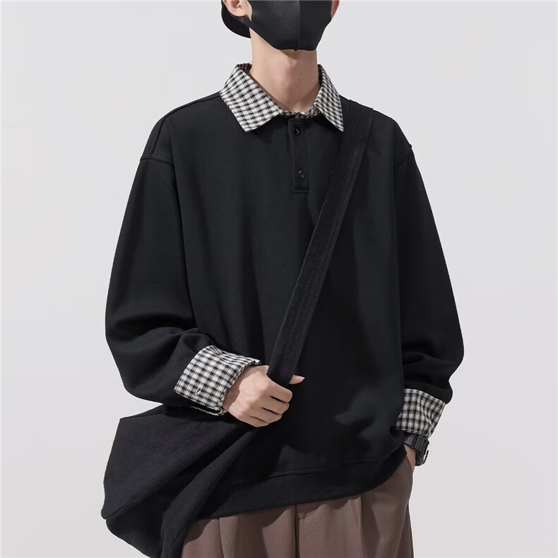 简约格子假两件polo翻领卫衣男款ins潮流长袖打底衫无帽套头上衣图片