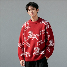 1506/Q93990/P52红色新年款卡通休闲上衣潮男马年本命年毛衣女，男装针织衫/毛衣，星座1506