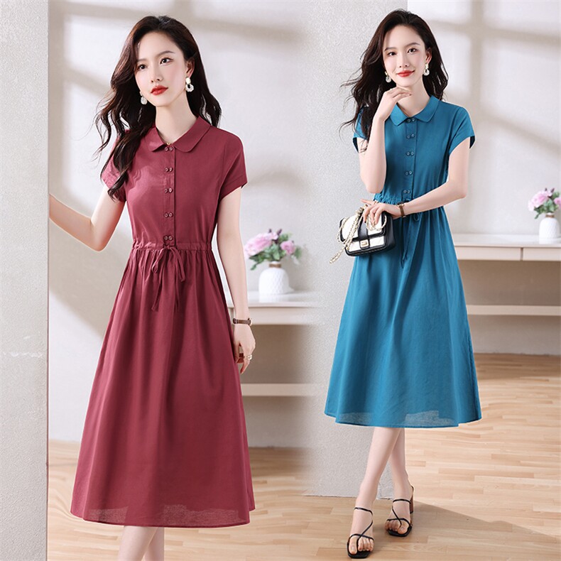 纯棉连衣裙女短袖2024夏季新款气质通勤收腰显瘦a字中长衬衫裙子，女装连衣裙，鑫思依格