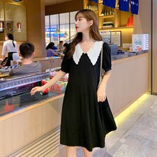 雪纺连衣裙2021新款夏季中长款百褶裙黑色韩版减龄连衣裙女，女装连衣裙，梦懿尔