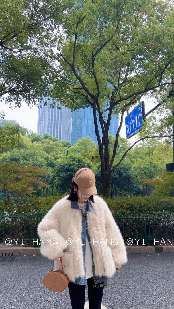 皮草拼牛仔外套，女装皮草，一杭