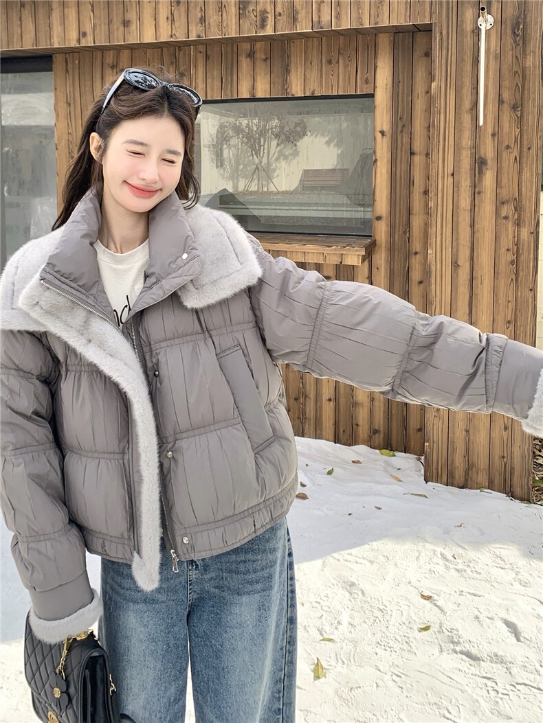灰色短款泡芙羽绒服女2025冬季高级感毛毛拼接保暖90白鸭绒厚外套,女装羽绒服,慧尚依恋