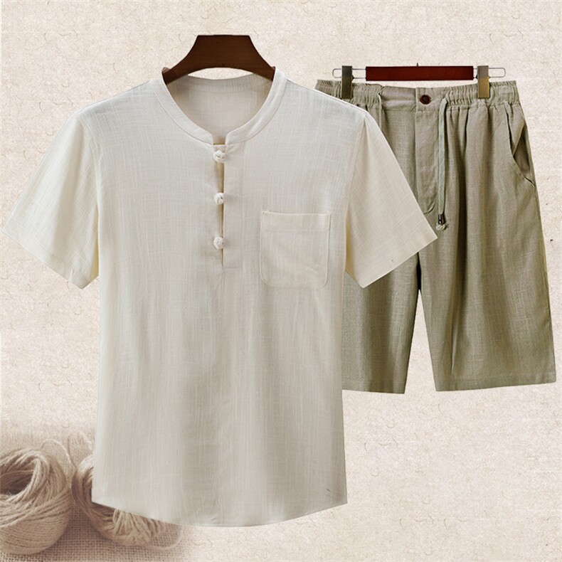主推长年货新款夏男款中老年风亚麻套装短袖T恤棉麻短裤套装，男装牛仔裤，钱塘723