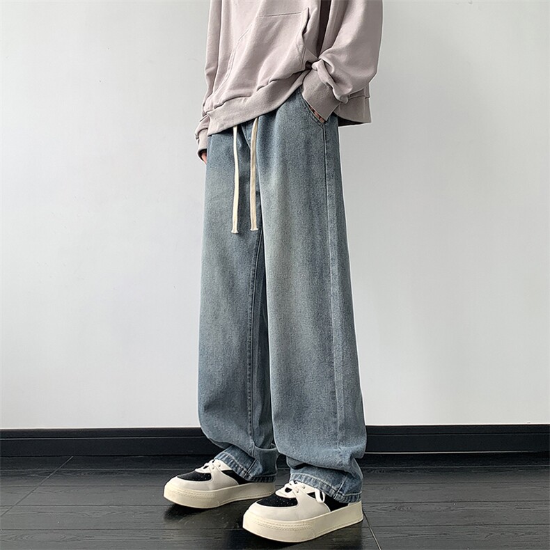 港风做旧高街直筒牛仔裤男士宽松休闲韩版潮流休闲阔腿长裤子P50，男装牛仔裤，星座205-1