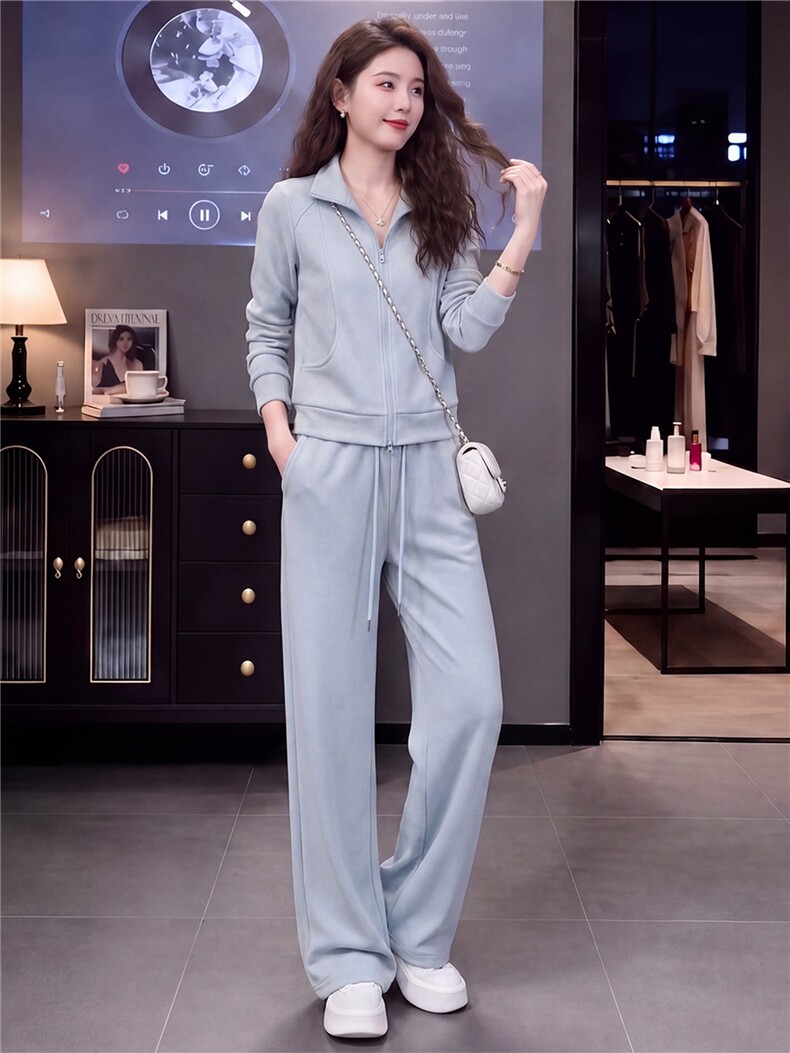 高级感时尚休闲运动服套装女春秋新款立领长袖卫衣阔腿长裤两件套,女装套装/套裙,江南