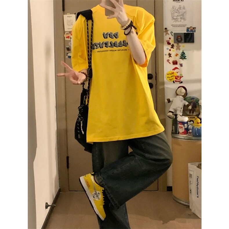 黄色重磅t恤美式正肩纯棉垫肩短袖阔肩半袖T恤T2459-P45,男装T恤,星座1213