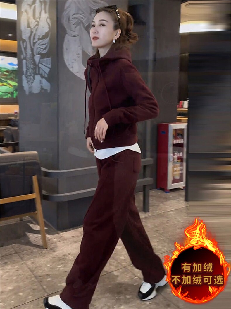 韩系气质简洁运动套装女秋冬新款拉链开衫连帽卫衣直筒裤两件套潮,女装套装/套裙,江南