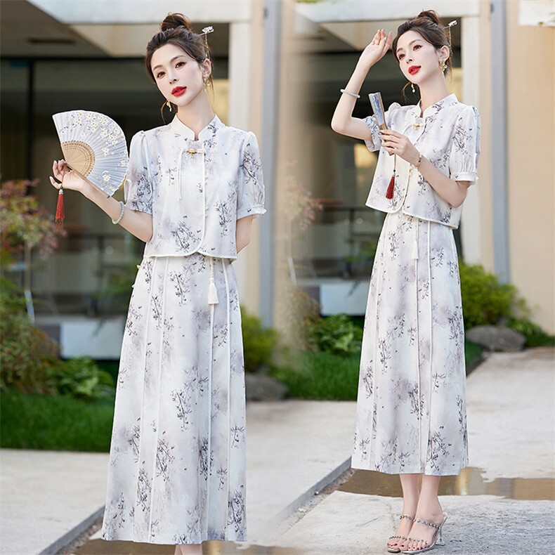 新中式国风旗袍套装裙女2025夏季新款广州十三行碎花连衣裙两件套，女装套装/套裙，奕薇雅