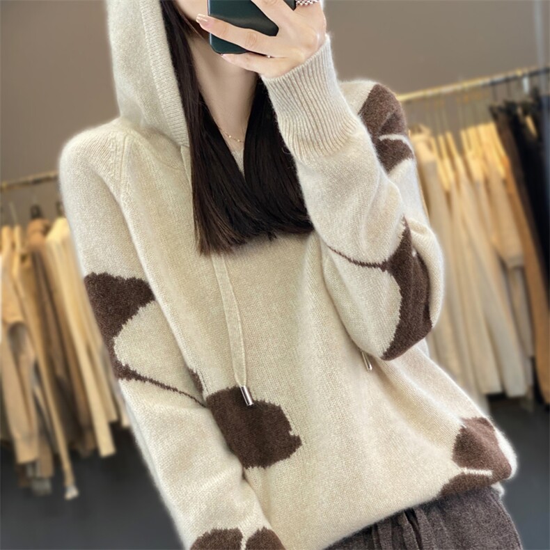 秋冬连帽撞色100%羊毛衫长袖卫衣女宽松带帽慵懒羊绒针织打底帽衫,女装羊毛衫,邦太羊绒
