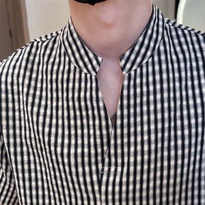 夏男立领格子衬衫男休闲宽松休闲衬衣小伙A236-82560-P60图片