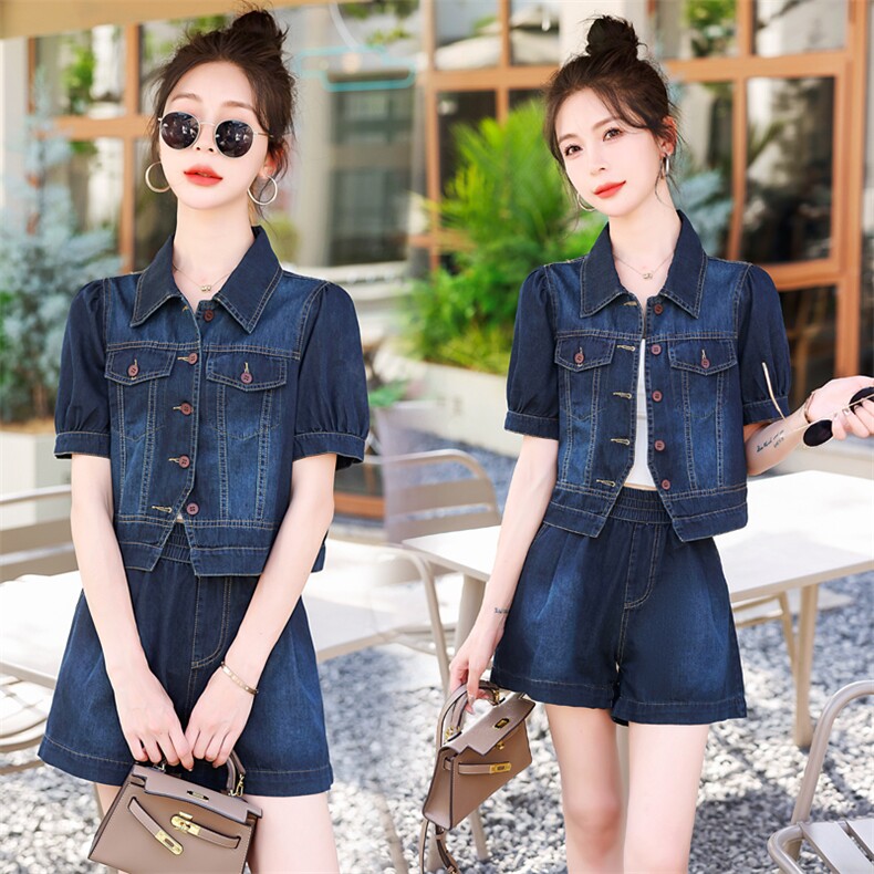 高级感时尚薄款牛仔套装女2025夏季新款小个子洋气百搭短裤两件套，女装套装/套裙，意芙