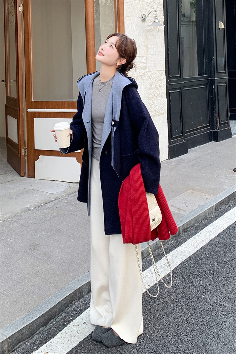 藏青色学院风撞色拼接双面呢羊毛外套女秋冬2025新款设计减龄大衣,女装毛呢外套,2C015