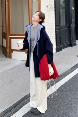 藏青色学院风撞色拼接双面呢羊毛外套女秋冬2025新款设计减龄大衣，女装毛呢外套，2C015