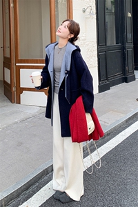 藏青色学院风撞色拼接双面呢羊毛外套女秋冬2025新款设计减龄大衣图片