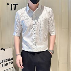 店主风社会小伙男七分袖烫金衬衫男休闲衬衣301A-1/CS563/P55，男装衬衫，星座301A-1