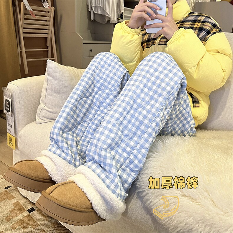羊羔绒格纹棉裤男款冬季2024新款美式复古青少年加厚运动滑雪裤子,男装休闲裤,电商A022