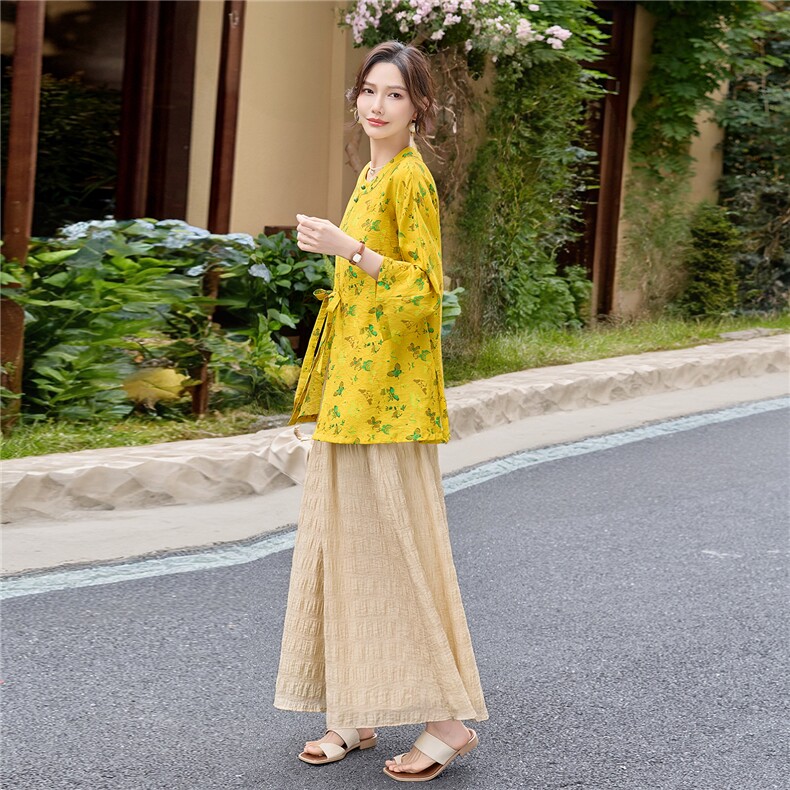 新中式印花宽松喇叭袖小衫配裙裤时尚气质两件套女,女装套装/套裙,水衣源