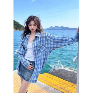 格子衬衫女慵懒风春夏春秋宽松复古衬衣长袖防晒上衣外套 CG23图片