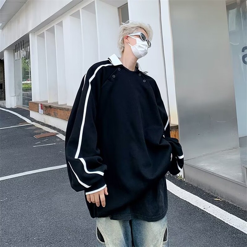 美式翻领休闲套头卫衣秋季男女宽松条纹复古上衣外套潮WA26-P42图片