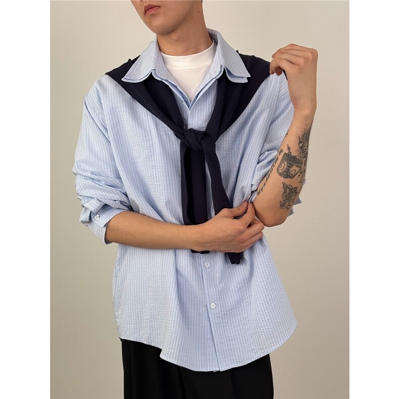 韩版复古披肩蓝色条纹长袖衬衫男春秋款休闲百搭衬衣CS333-P78，男装衬衫，星座208-5