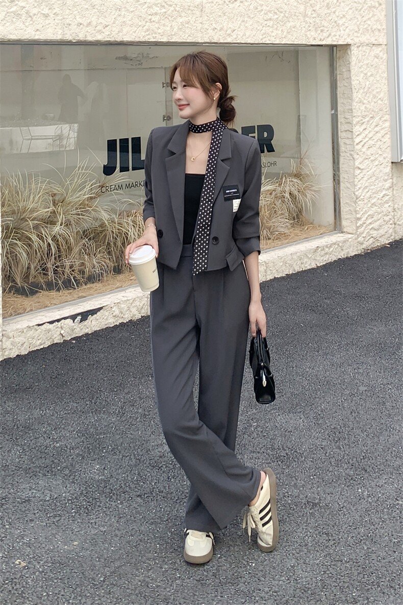 灰色气质学院风小西装外套阔腿裤套装两件套女早秋高级感女神范,女装套装/套裙,2C236