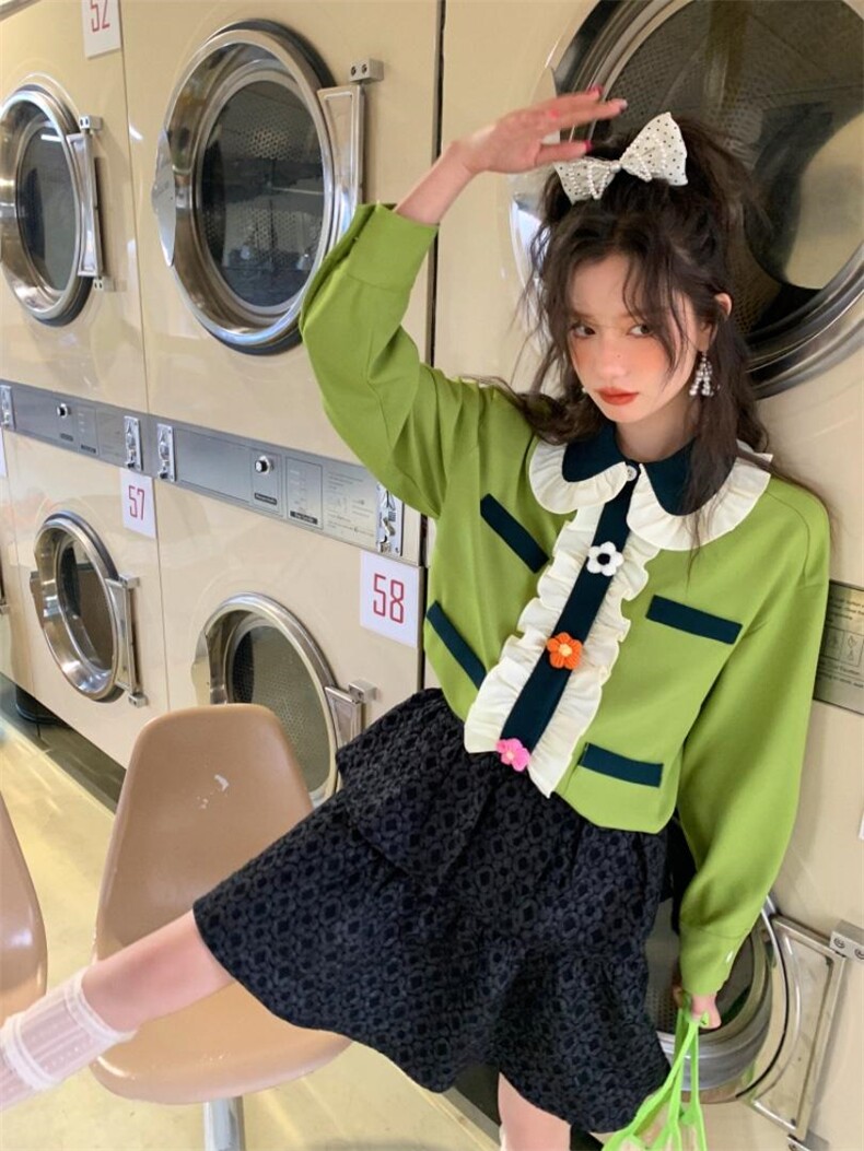 小花朵草绿衬衫，女装衬衫，YOUER DENG