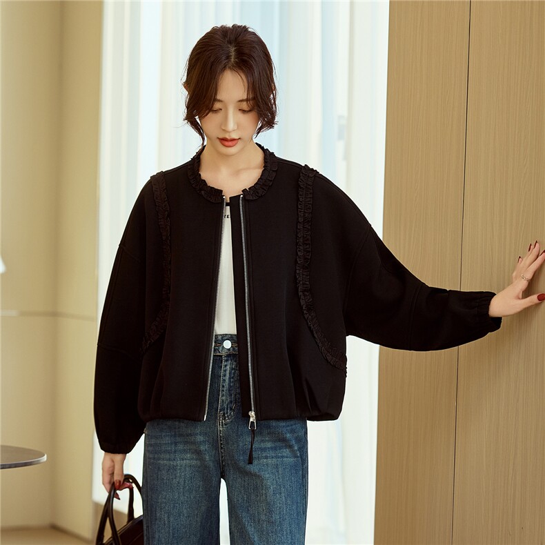黑色圆领卫衣外套女2026春装新款木耳边显瘦夹克短款开衫休闲上衣,女装短外套,梦懿尔